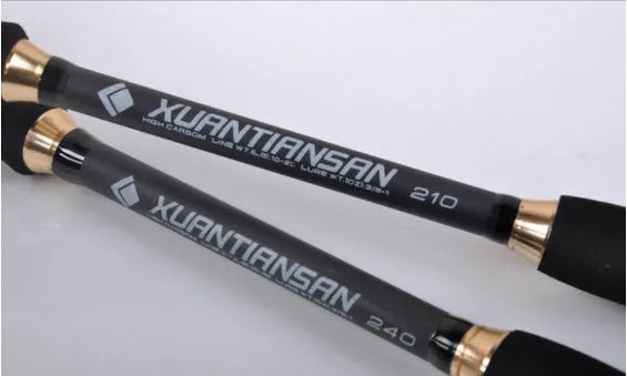 Telescopic carbon fishing rod with matte coating and reel seat on a lakeside bank