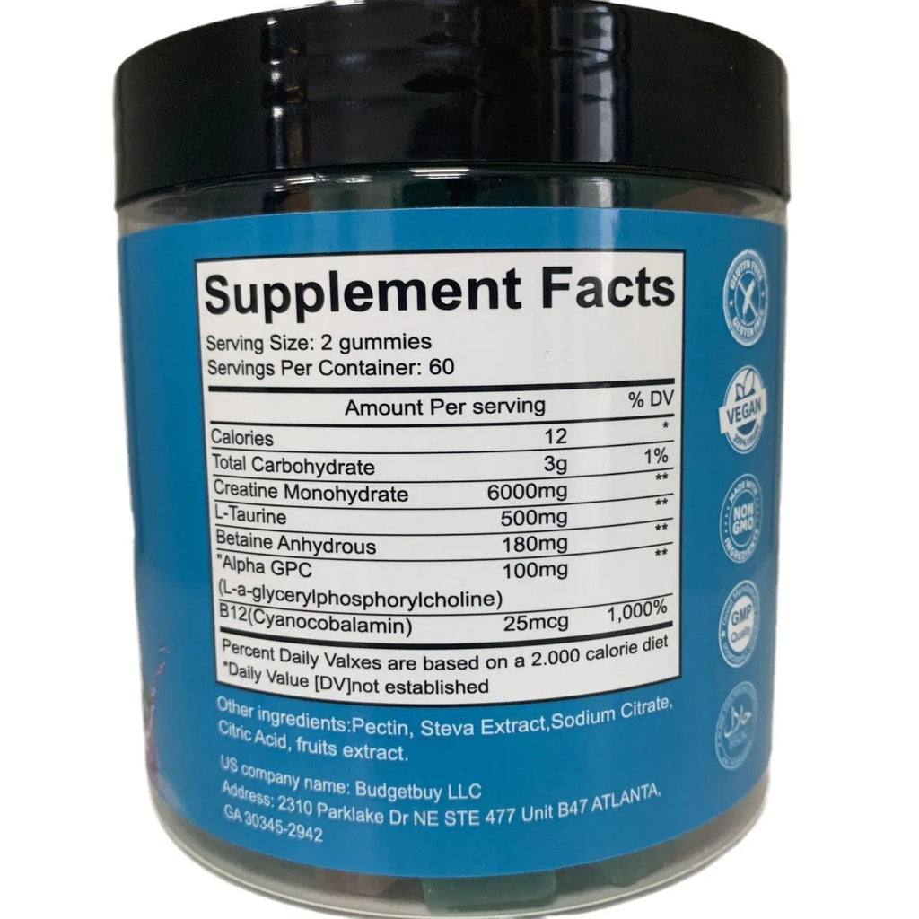 Bottle of raspberry flavoured creatine monohydrate gummy supplements containing 120 pills