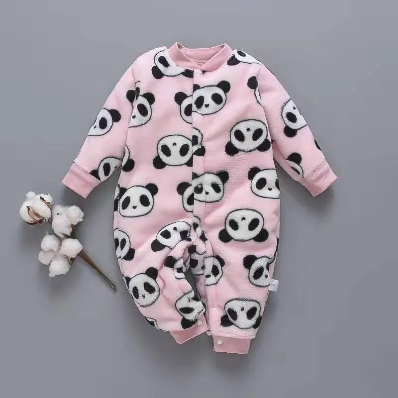 Baby wearing a long sleeve flannel romper with a printed panda pattern in pink and blue.