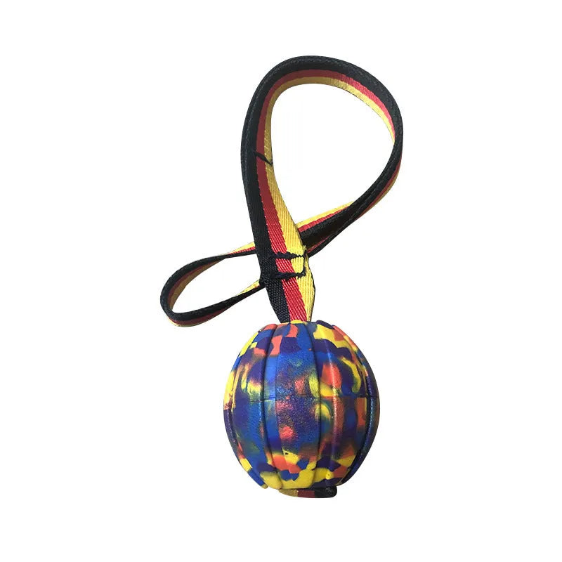 EVA floating pet training ball in camouflage colour showing tetherball design with knot attachment
