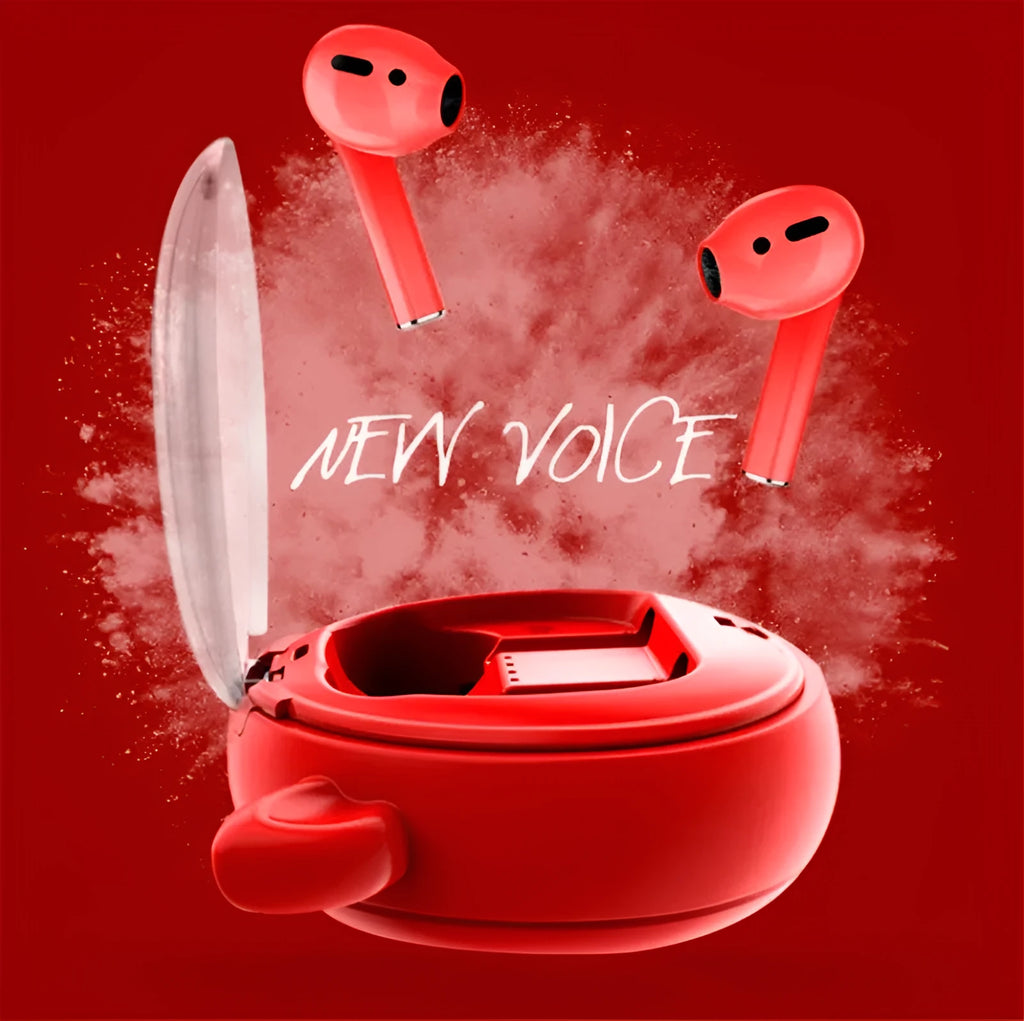 Red TWS 5.0 wireless Bluetooth headset with compact design for in-ear use