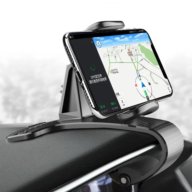 Black car phone stand with 360-degree rotating head and adjustable side grips for smartphones.