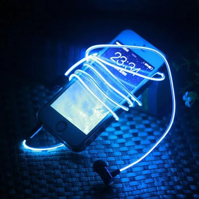 Blue LED light up earphones with 3.5mm plug and remote control, showing aluminium alloy ear shells.