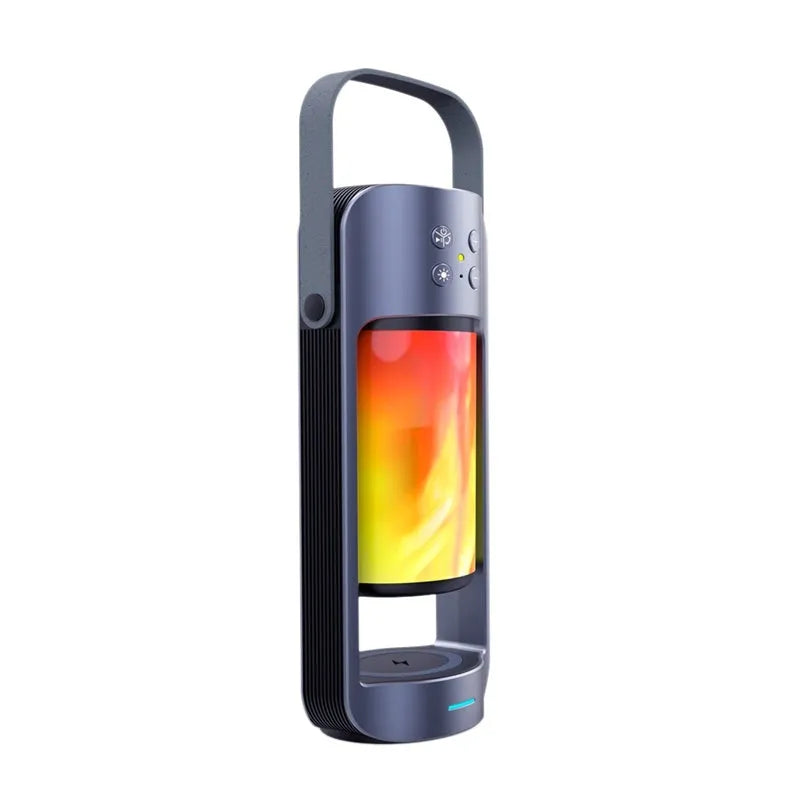 Blue portable Bluetooth speaker with dancing flame LED light showing wireless charging surface
