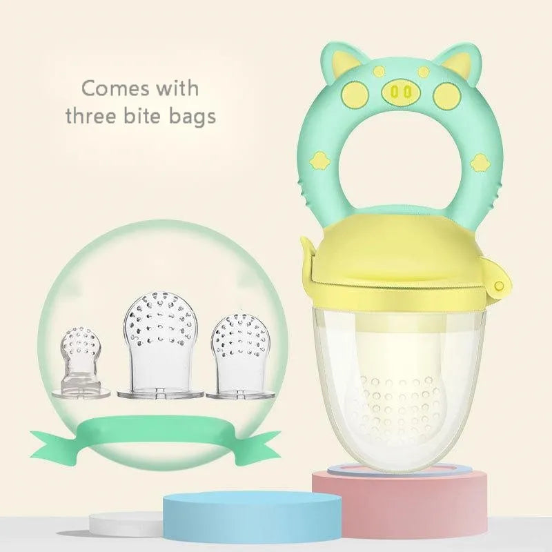 Blue, green, and pink silicone baby teethers showing single and triple mouthpiece styles