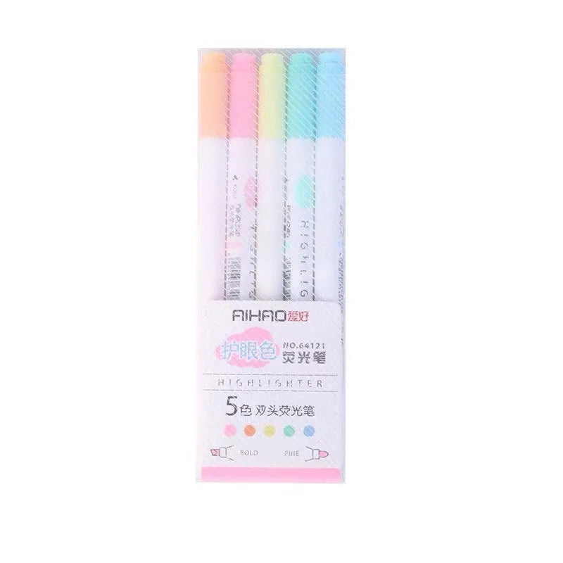 Set of five double-head gel pens with highlighter and writing tips in yellow, pink, green, blue, and orange colours