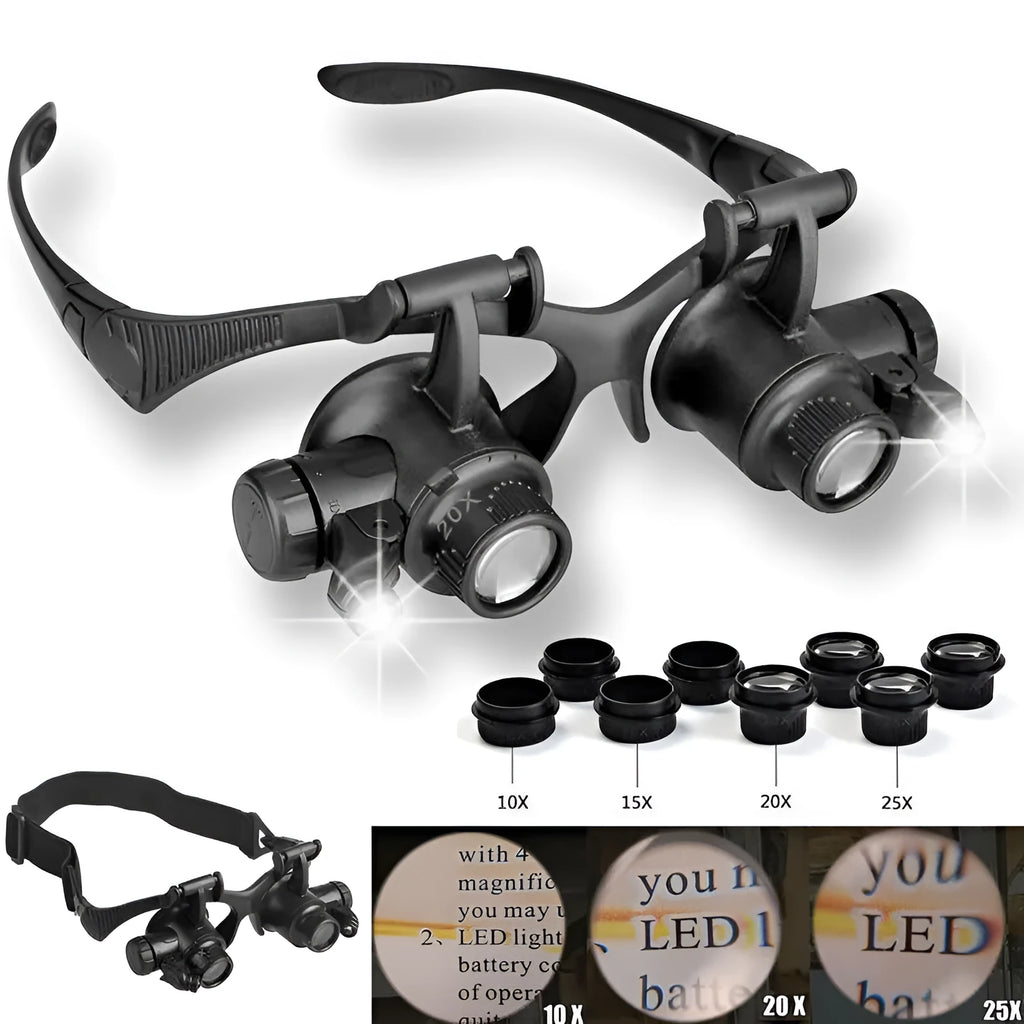 Black double eye magnifying glasses with LED lights and interchangeable lenses on a headband.