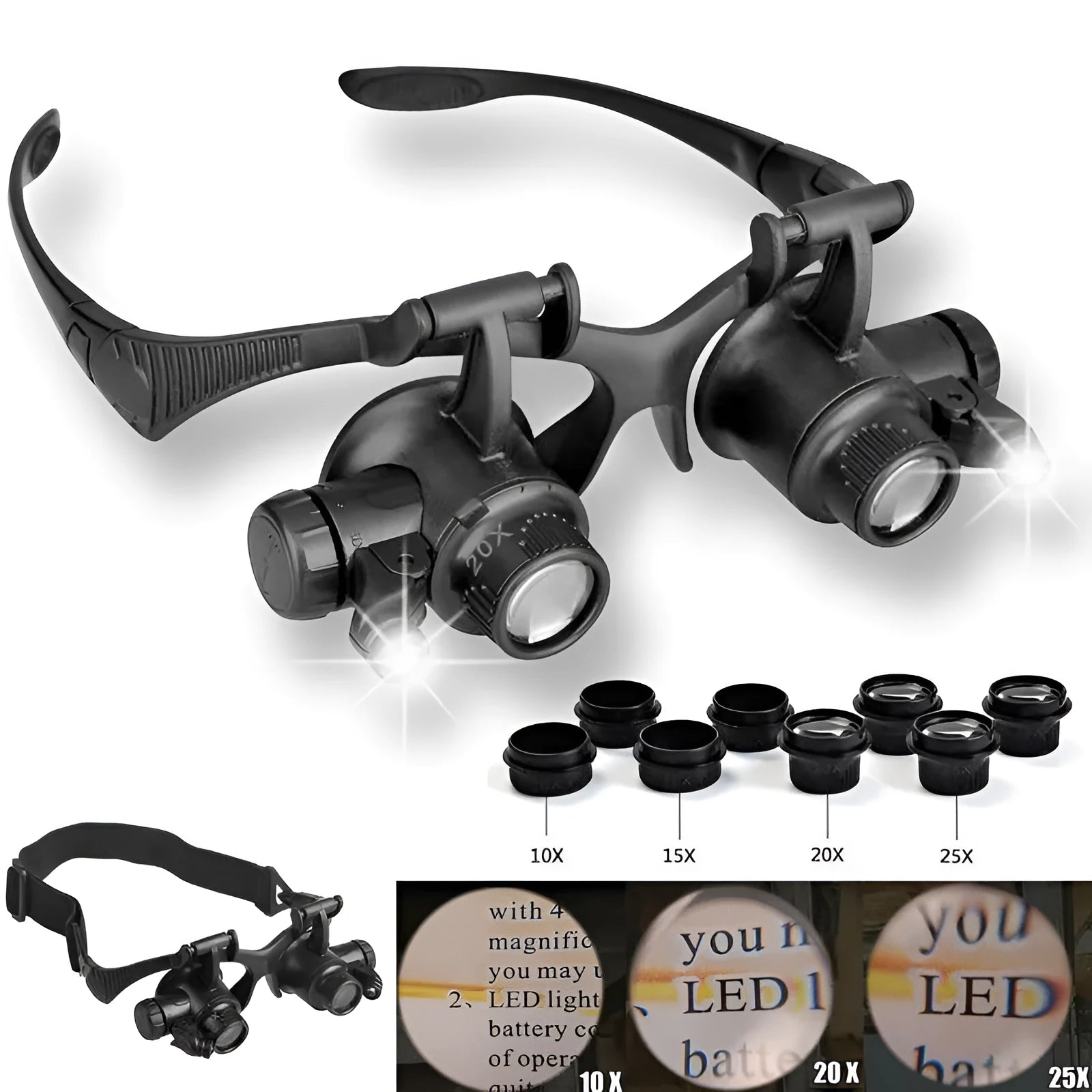 Black double eye magnifying glasses with LED lights and interchangeable lenses on a headband.
