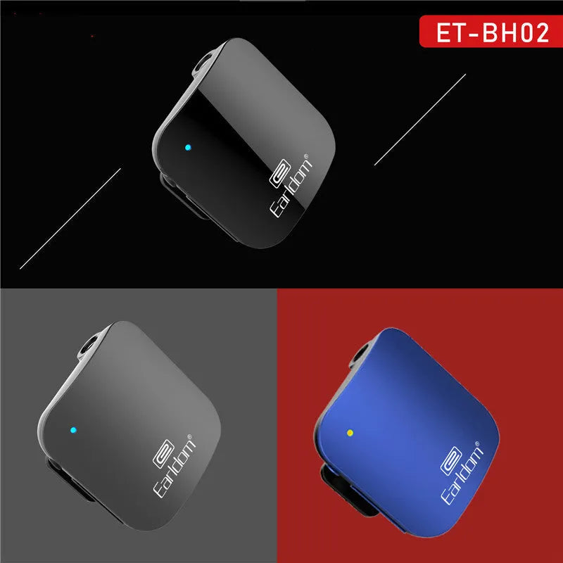 Black Bluetooth lavalier headset with microphone, showing wireless audio receiver unit.