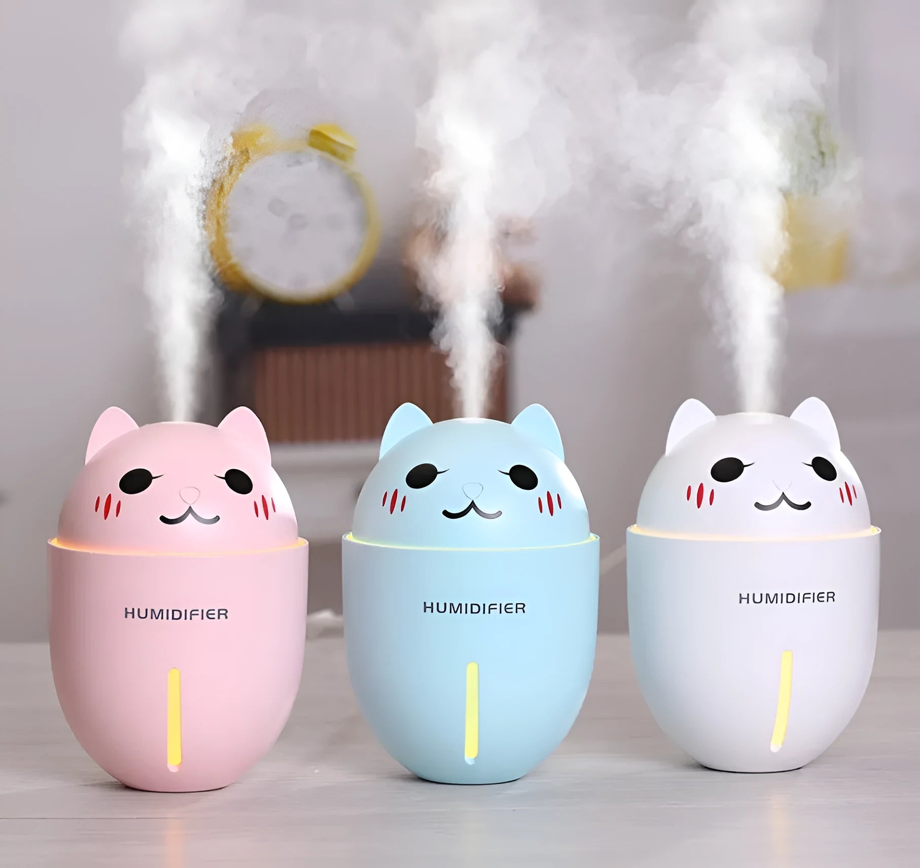 Meng pet cat humidifier in blue with cartoon cat face design and single fog outlet