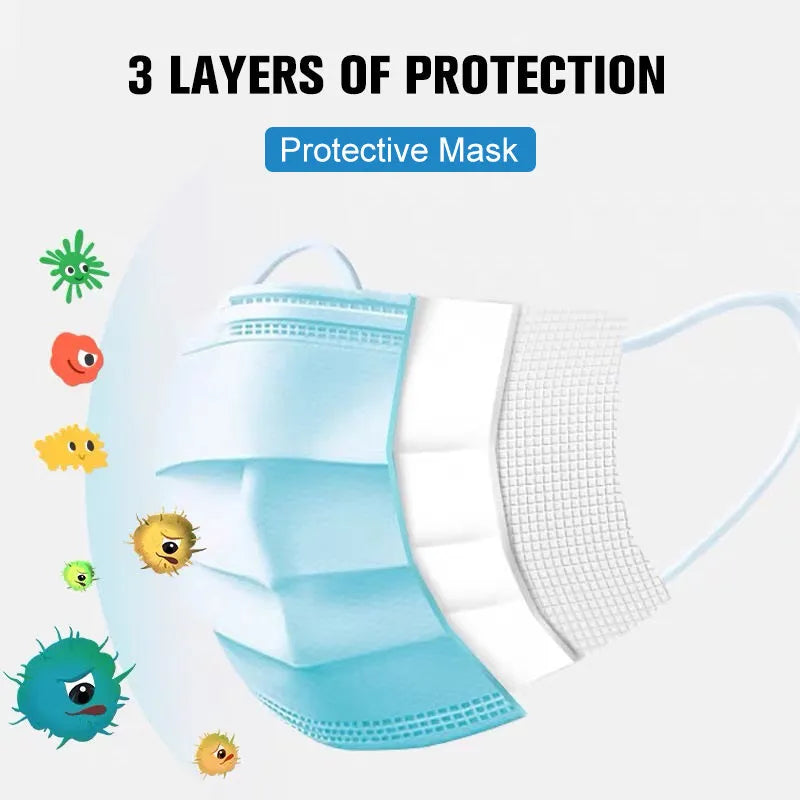 Disposable 3-ply face mask in light blue with ear loops, 175mm x 95mm non-woven fabric