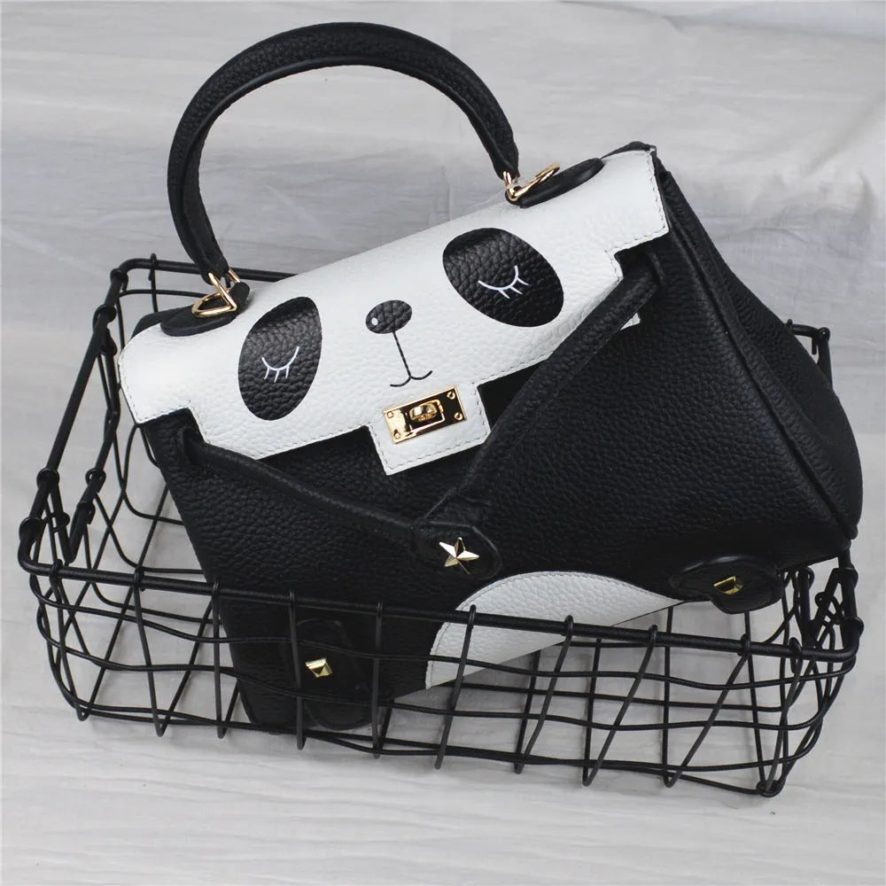 Panda print cow leather handbag in horizontal square shape, shown in two sizes on a neutral background.