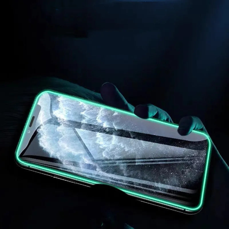 Luminous tempered glass screen protector for iPhone with glowing edges in dark setting