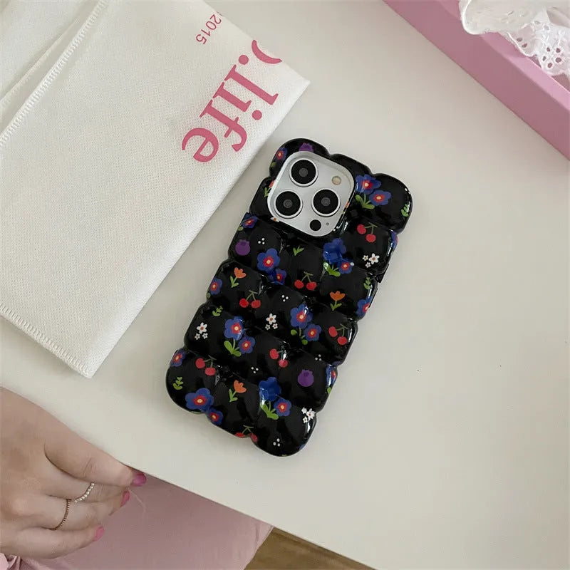 Retro cherry floral plaid TPU phone case for iPhone on black background