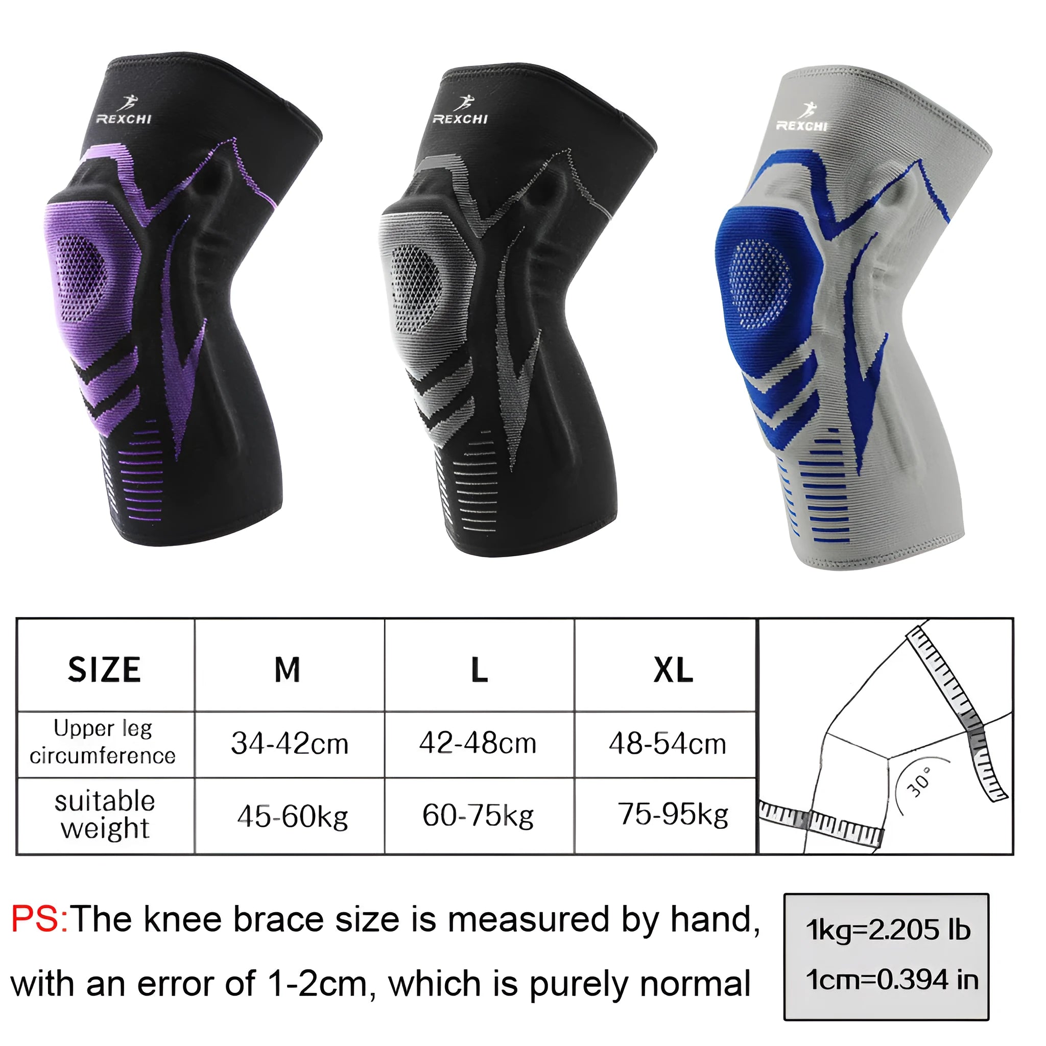Black and purple silicone knee pad with spandex outer for basketball and football, size M, Hx17 style