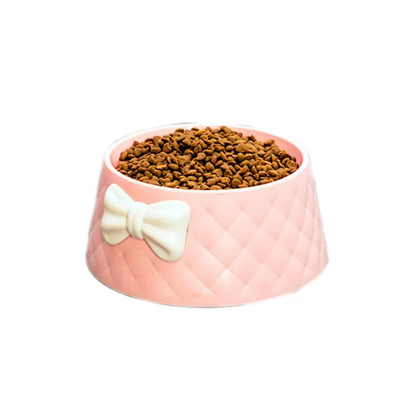 PP plastic pet bowl with bow and animal face design in pink, green, or grey colour options