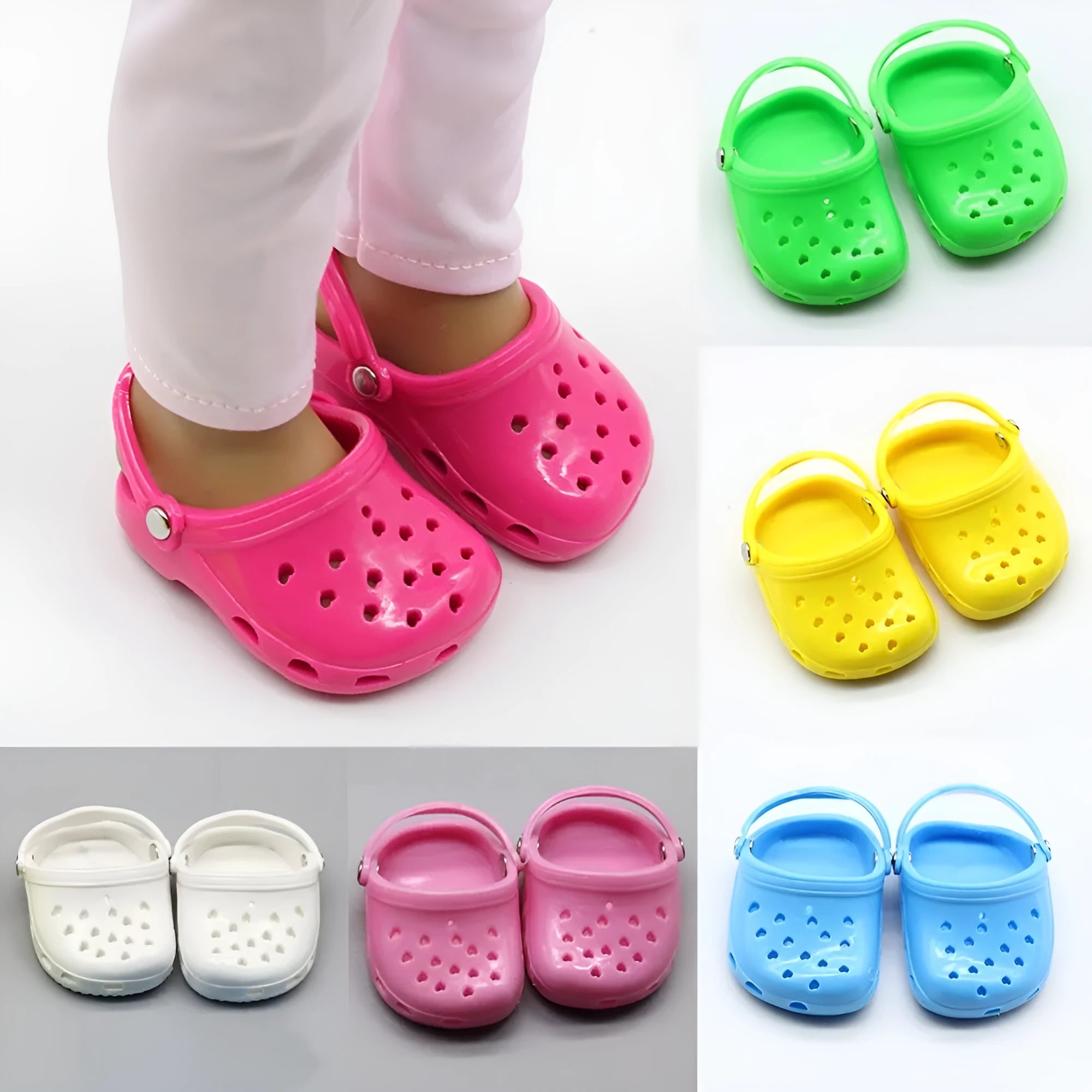 Plastic doll beach slippers in four colours: blue, red, yellow, green