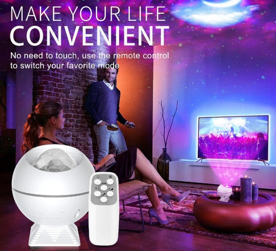 White spherical voice-controlled LED starry sky and galaxy projection lamp with USB cable.