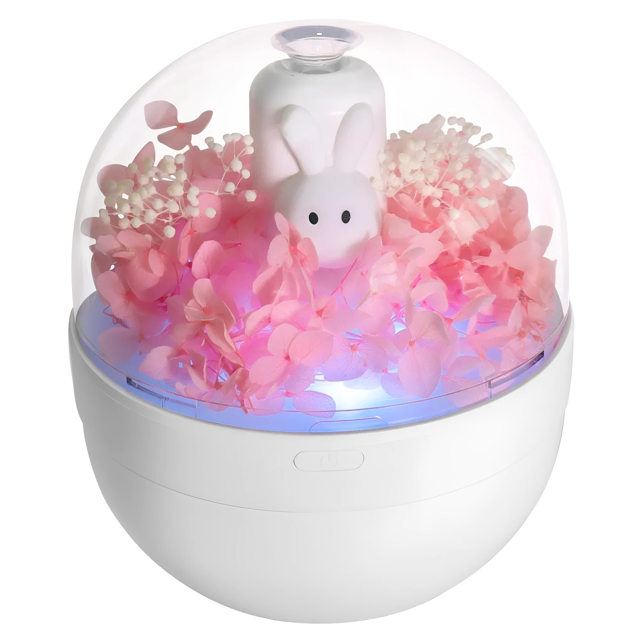 Pink ceramic rabbit vase with preserved flowers, functioning as an ultrasonic aromatherapy humidifier.