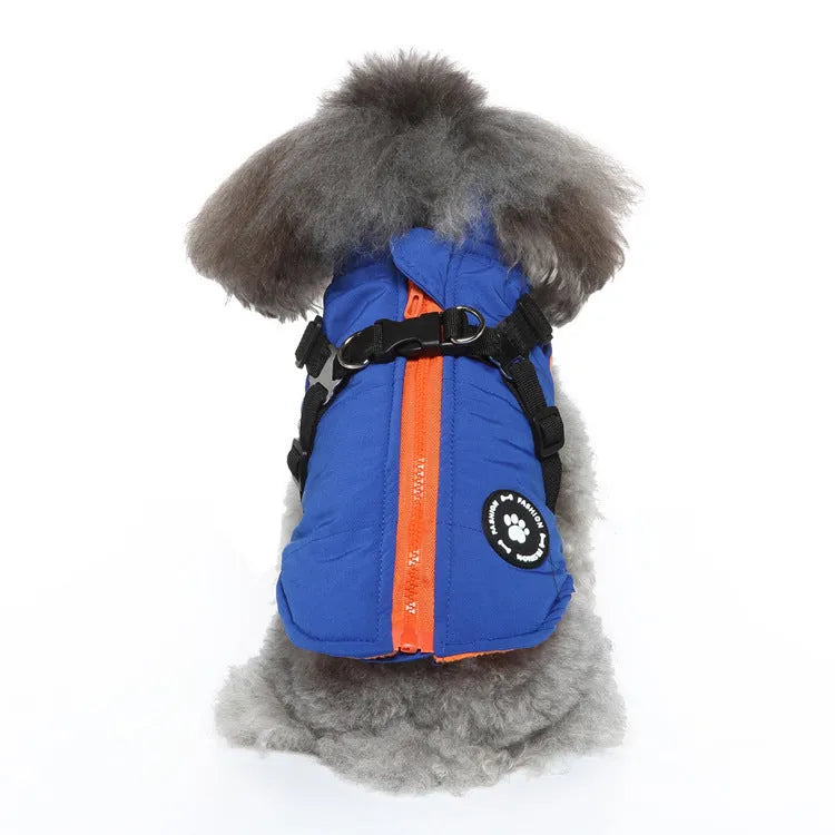 Chest strap dog winter jacket in blue, showing padded interior and adjustable strap.