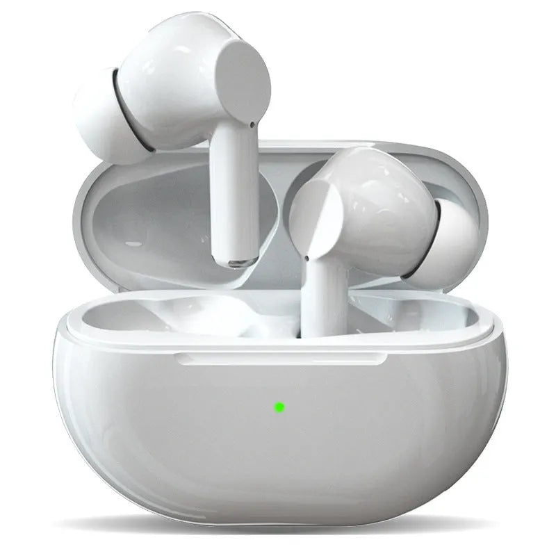 Black and white Pro4 Bluetooth in-ear headsets inside a compact rectangular charging case.