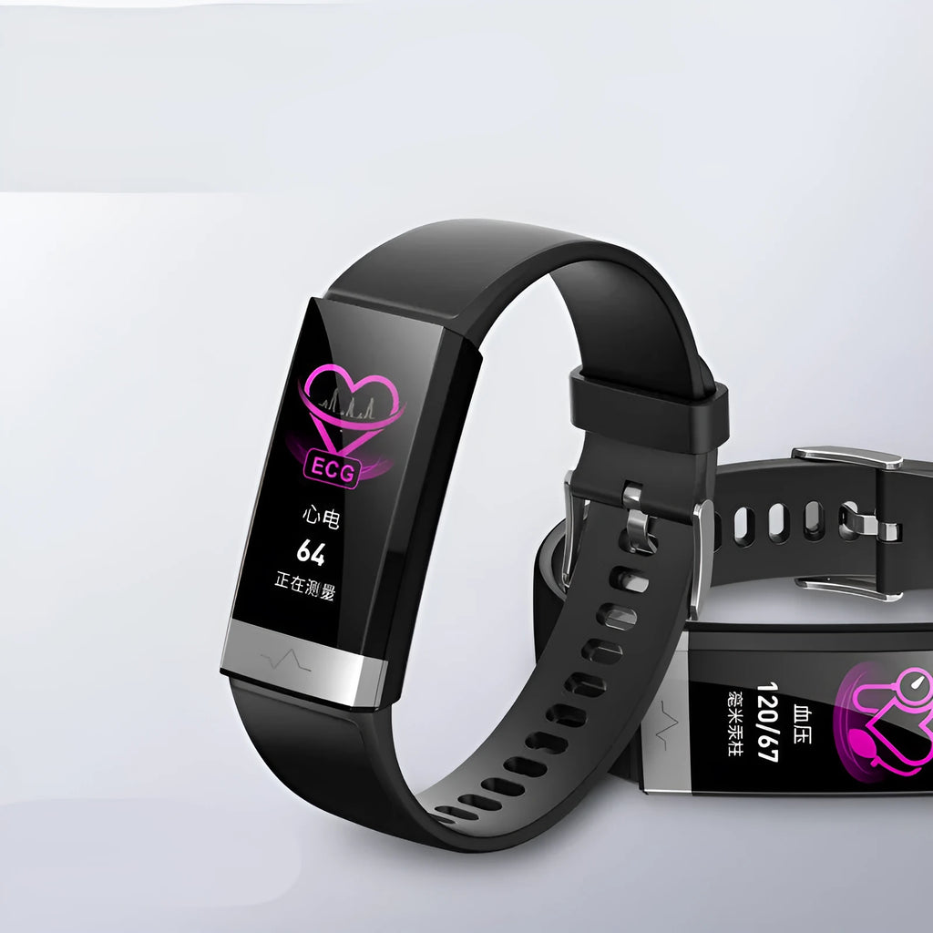 V19 smart fitness bracelet in black, blue, or red with a display showing health metrics.