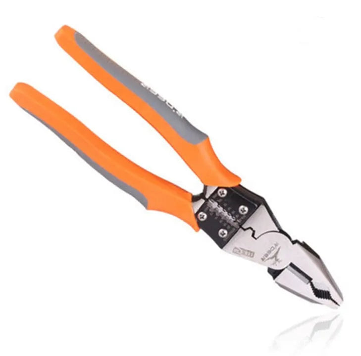 Orange multi-function wire cutter pliers with chrome steel head and plastic grip.