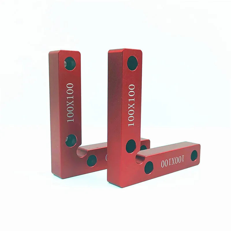 Silver anodised aluminium right-angle woodworking positioning block with engraved measurement scales