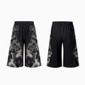 Streetwear co-ord set showing hoodie, full-length trousers, and seven-inch shorts with printed design and collage stitching detail.