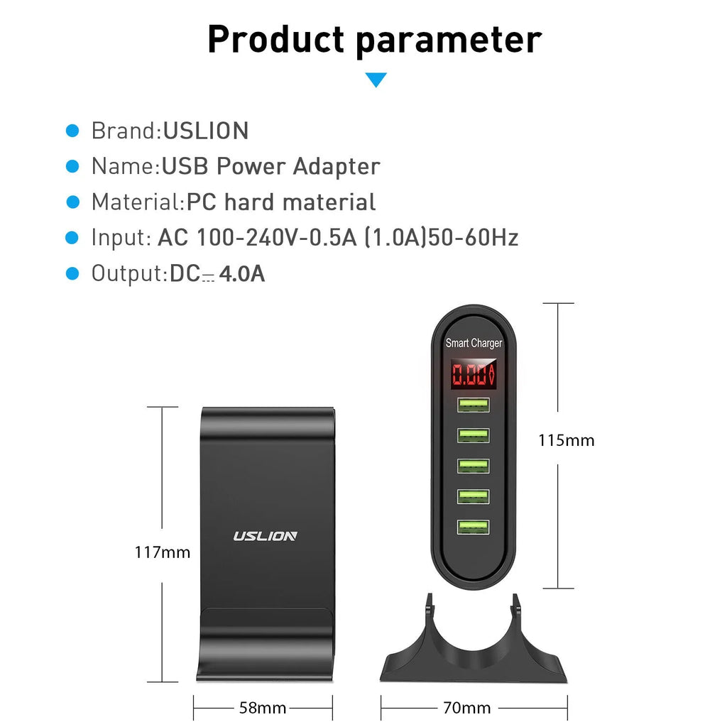 Smart LED digital display USB wall charger in black or white with UK, EU, or US plug options.