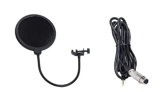 BM800 condenser microphone set in black with metal shock mount and cantilever bracket on a desk