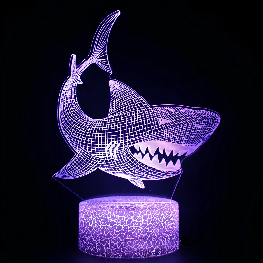 Shark shaped 3D LED table lamp with colourful lighting and touch control base