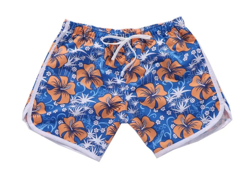 Men's loose quick-dry beach shorts in blue flower pattern, polyester-cotton fabric