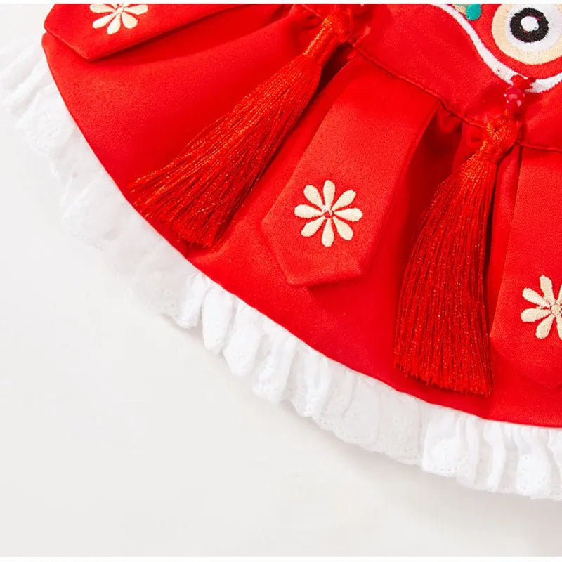 Lion Dance pet Tang suit cotton-padded red top with embroidery and festive tassels for dogs
