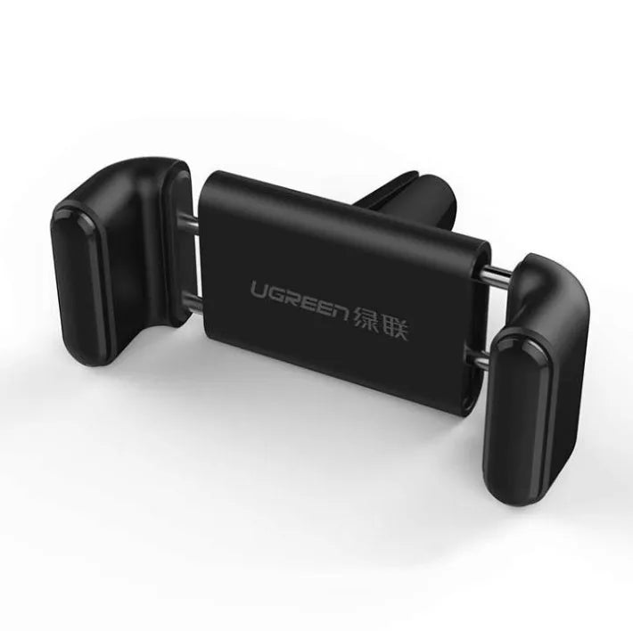 Universal car phone holder for dashboard, windscreen, or vent mounting in black and grey