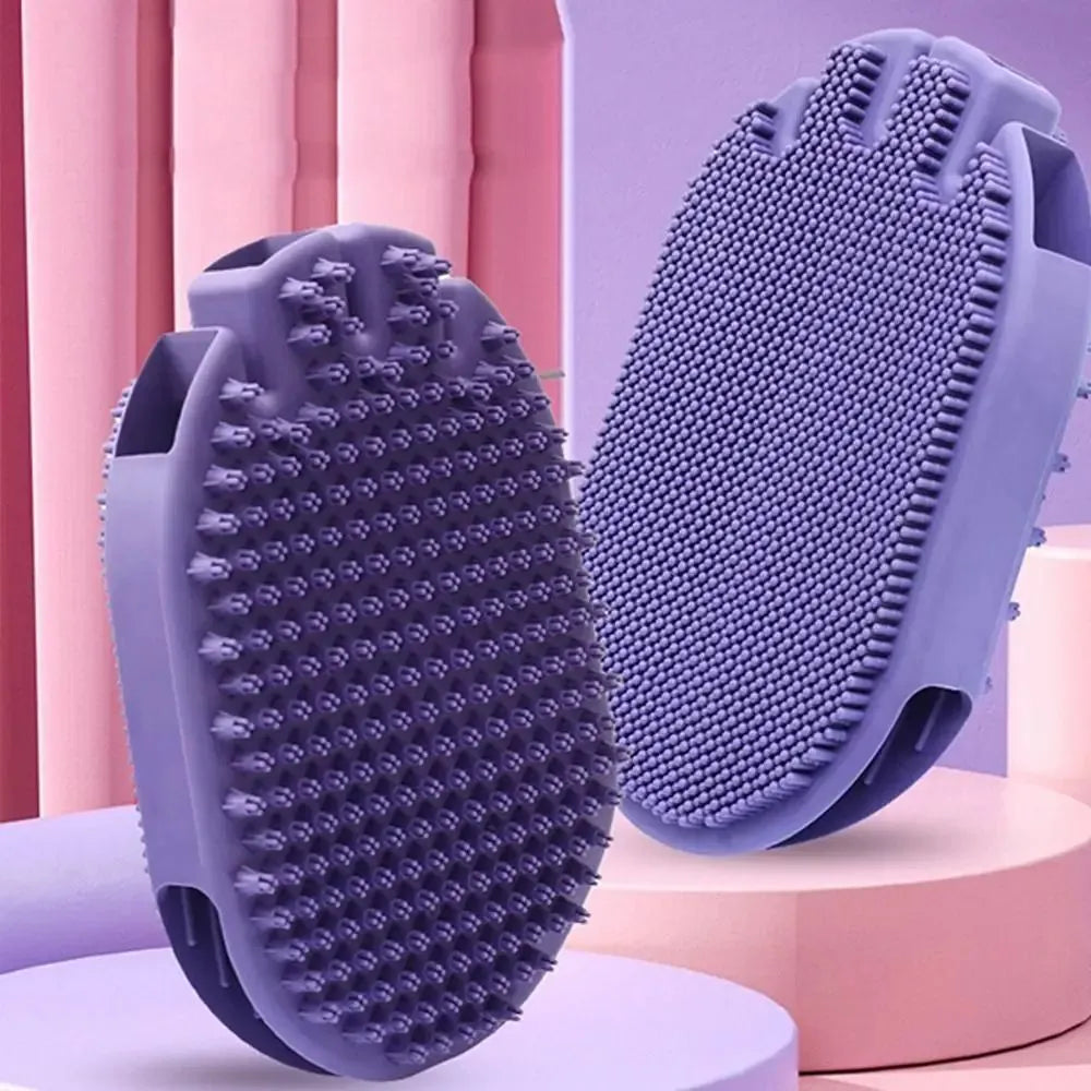 Purple dual-sided pet shampoo massage brush with soft TPR bristles and ergonomic handle