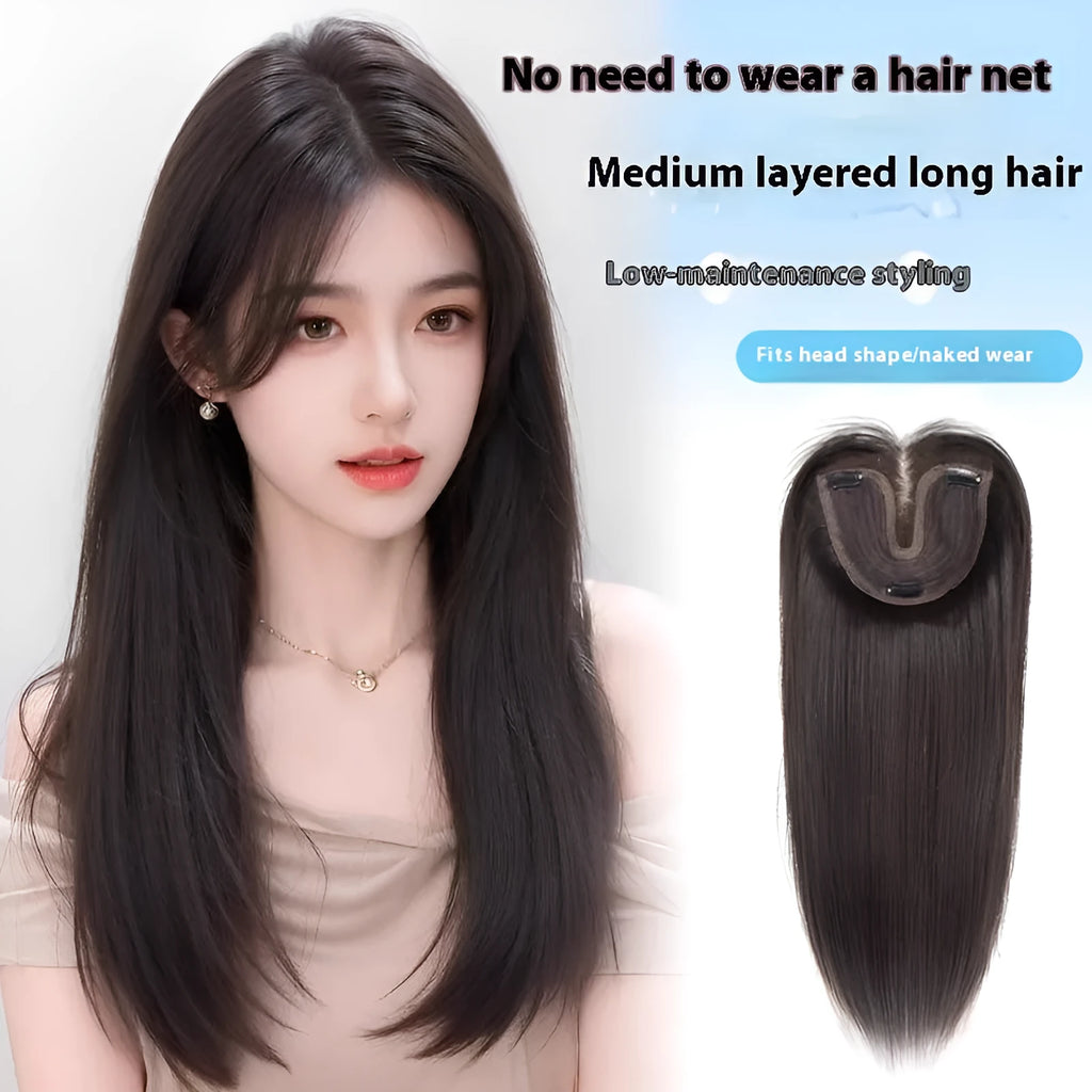 Brown-black full-head wig for women with Chinese character bangs made from high-temperature fibre.