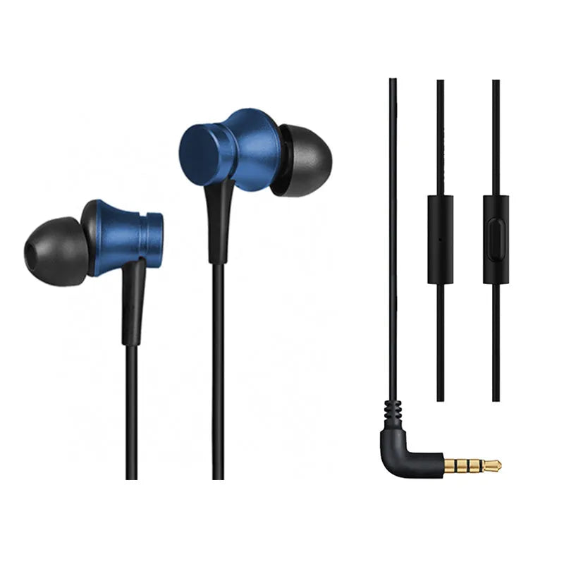 Piston-style wired in-ear headphones with 3.5mm jack in black, blue, and red colour options.