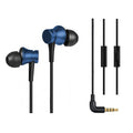 Piston-style wired in-ear headphones with 3.5mm jack in black, blue, and red colour options.