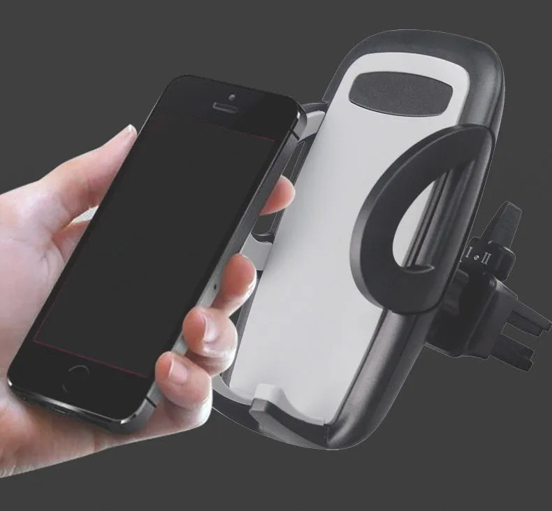 Black ABS plastic car air vent phone holder with adjustable gooseneck arm and universal phone clamp