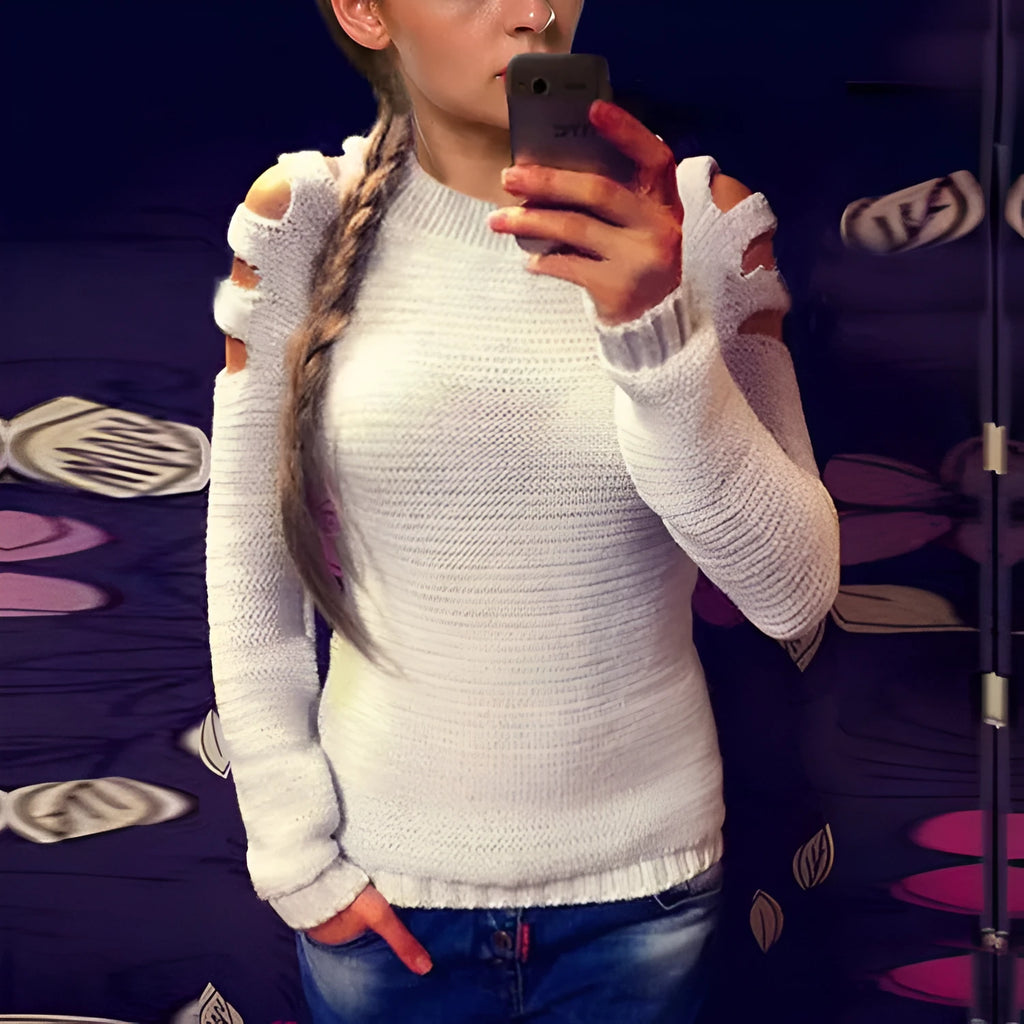 Women's grey solid colour jumper with hollow-out crochet pattern and round neck