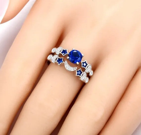 New creative moon ring for women with blue gemstone inlay, available in sizes 6 to 10