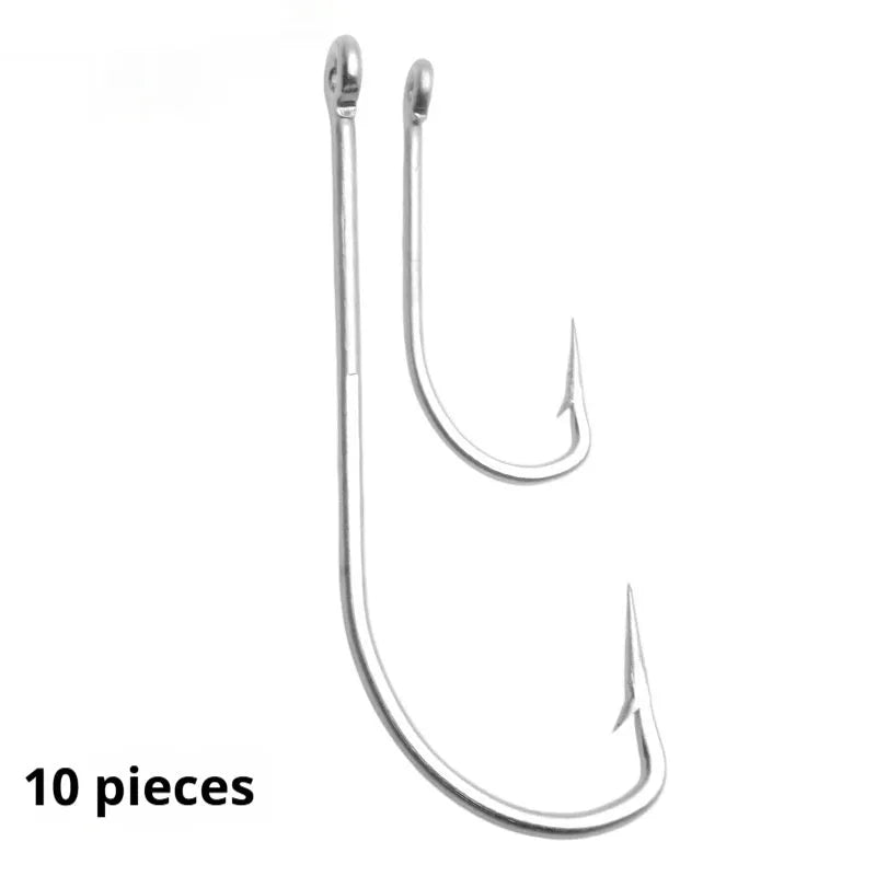 Pack of stainless steel sea fishing hooks in multiple sizes for ocean boat fishing.