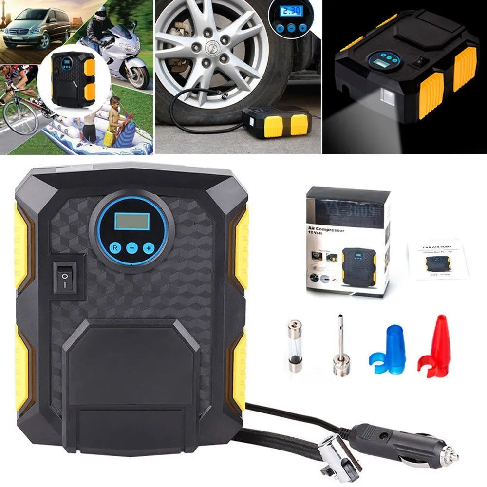 12V car tyre pump with 60cm gas pipe and digital display, connected to a cigarette lighter socket for inflation
