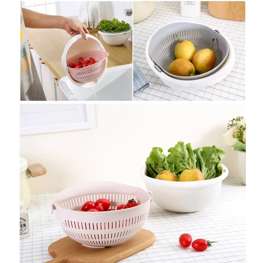 Double-layer hollow PP plastic fruit and vegetable cleaning drain basket 23cm stacked on kitchen counter