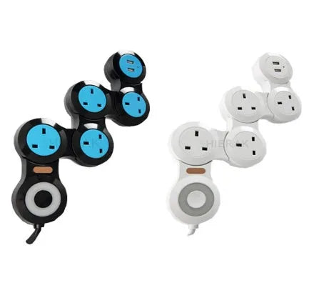 UK standard white power strip with five rotating sockets and two USB charging ports