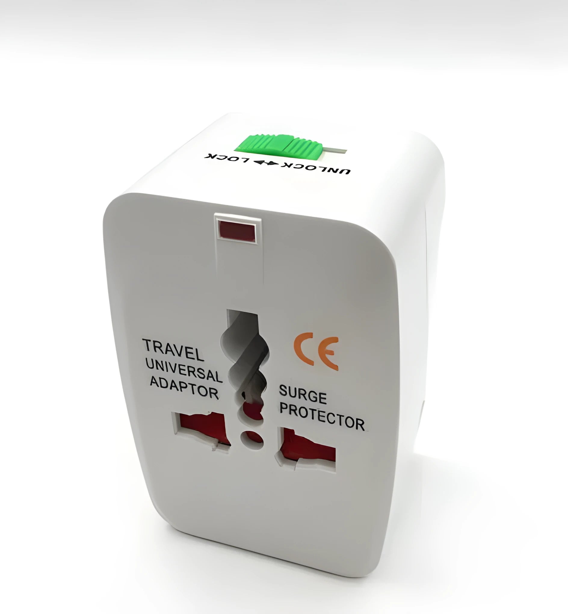 White universal travel plug adapter on a grey background showing its compact size.