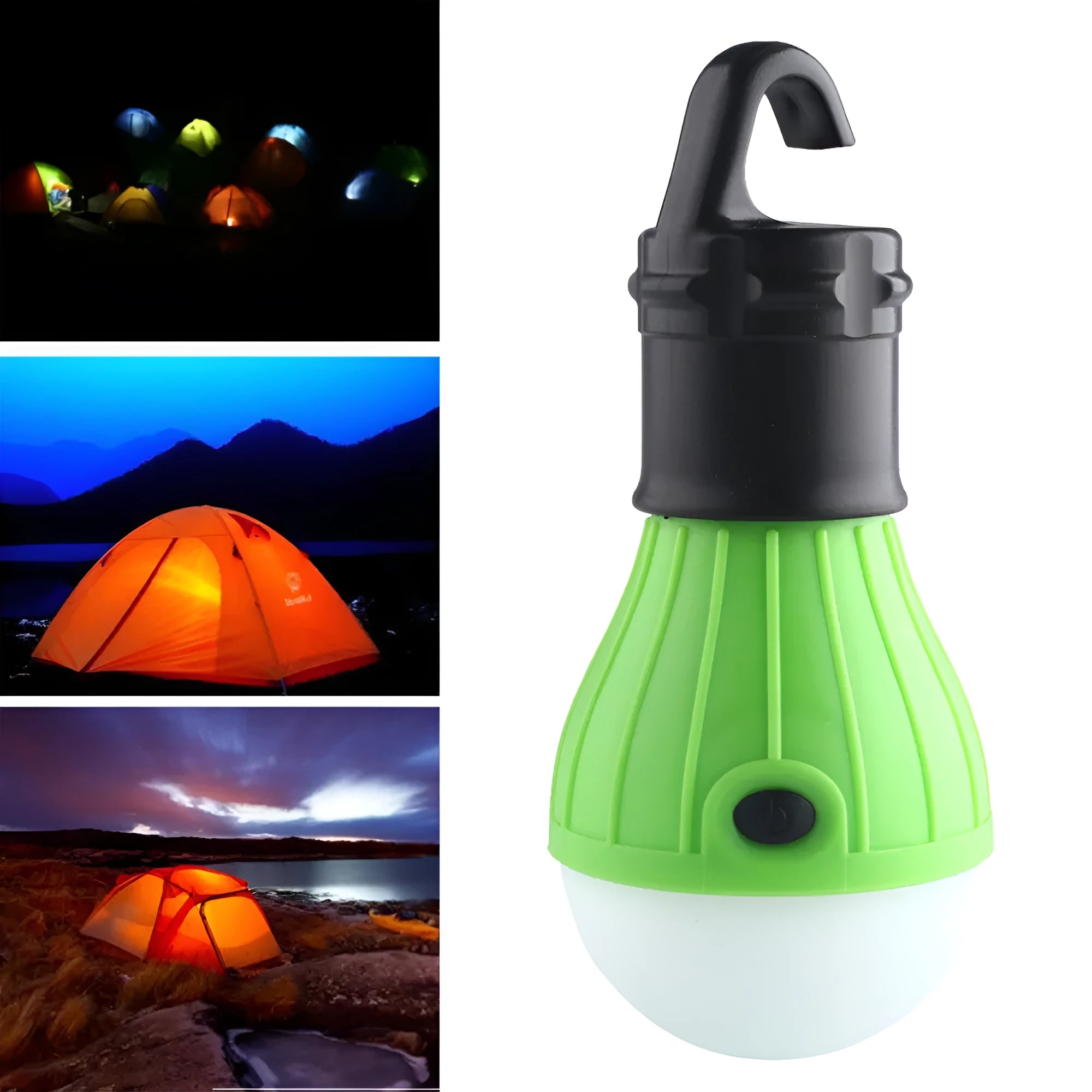 Portable LED camping light with hanging hook showing 11cm length and four colour options