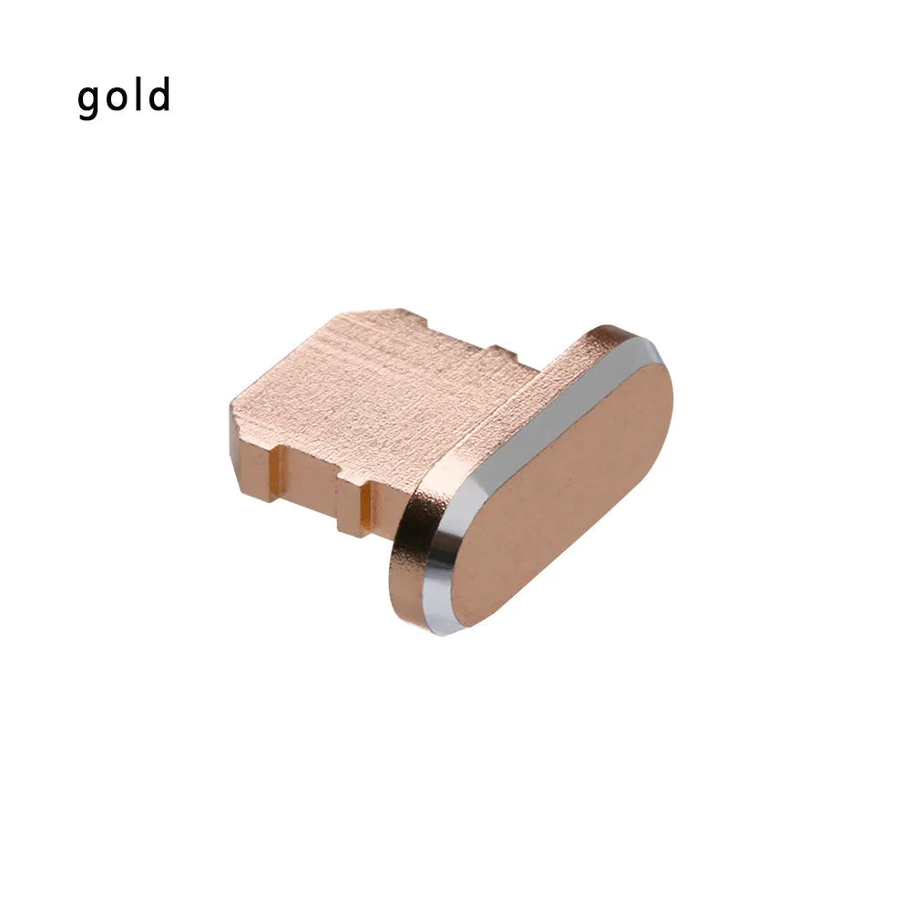 Aluminium alloy charging port dust plug for iPhone in various metallic colours including gold and rose gold.