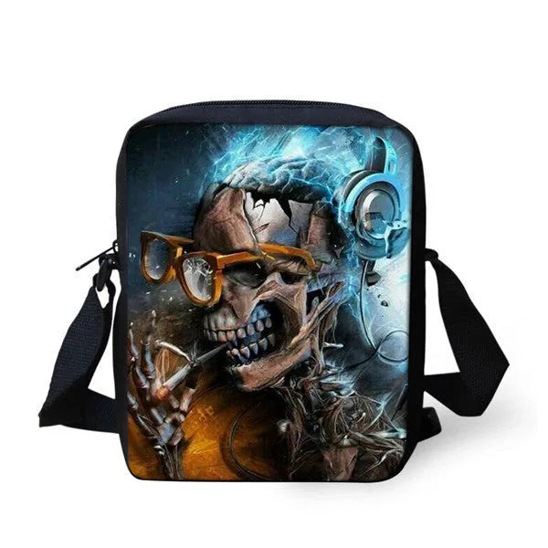 Children's medium messenger bag with skull design, showing adjustable straps and zip opening.